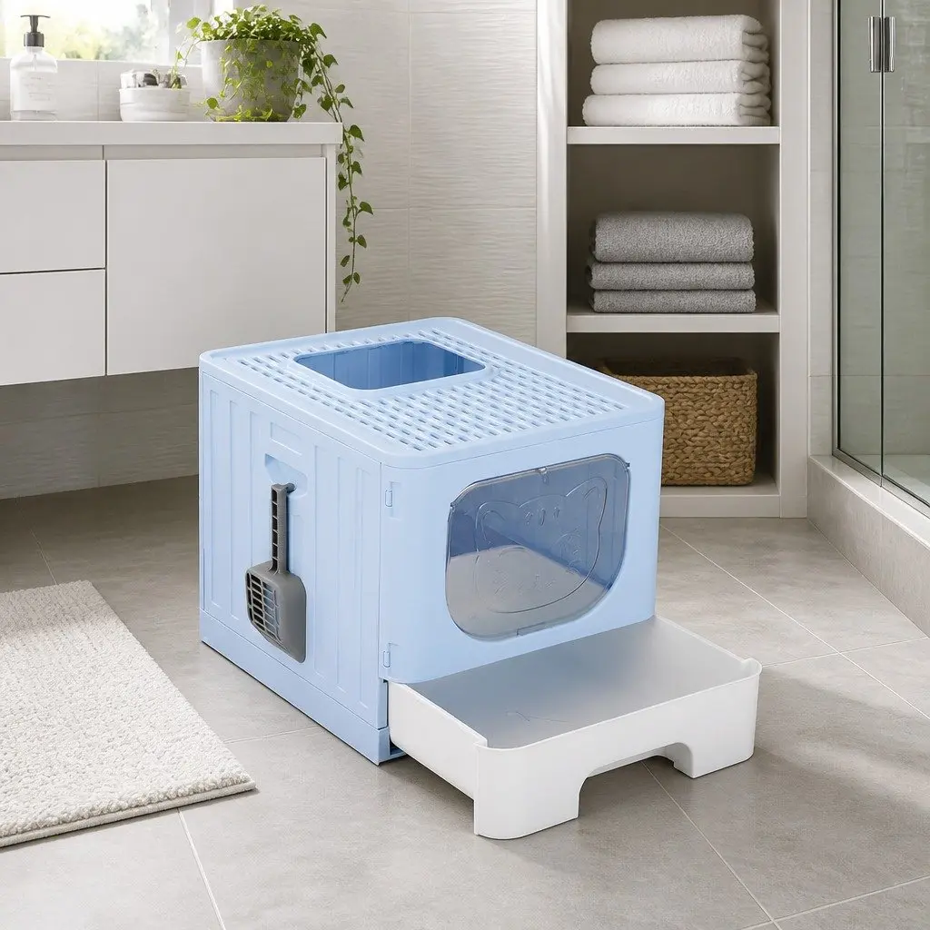 Blue Enclosed Cat Litter Box with Scoop