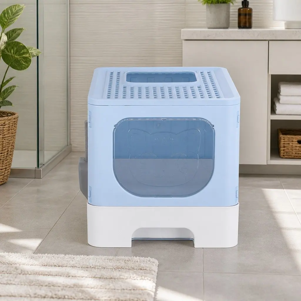 Cat Litter Box Plastic Large Enclosed Hooded Foldable Blue