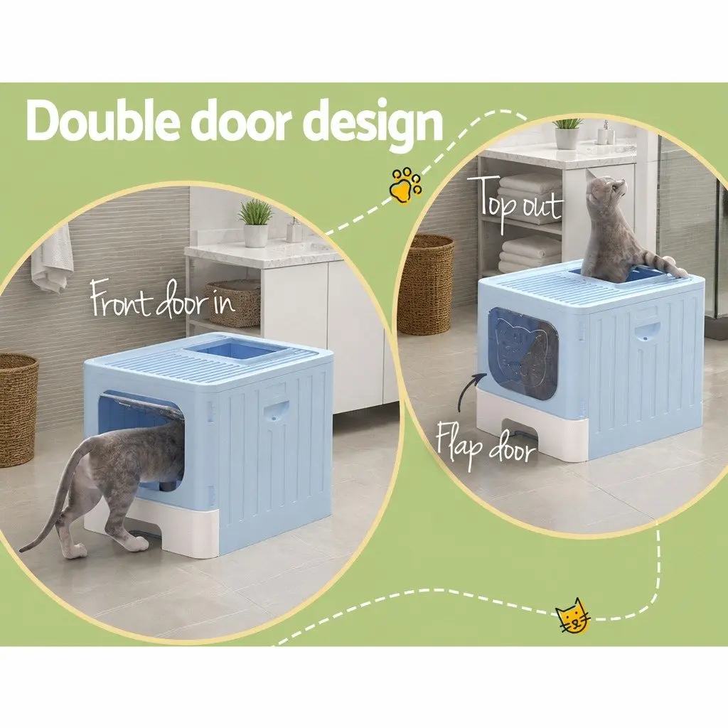 Cat Litter Box Plastic Large Enclosed Hooded Foldable Blue
