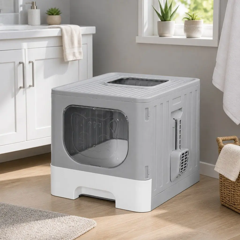 Foldable Hooded Cat Litter Box with Scoop