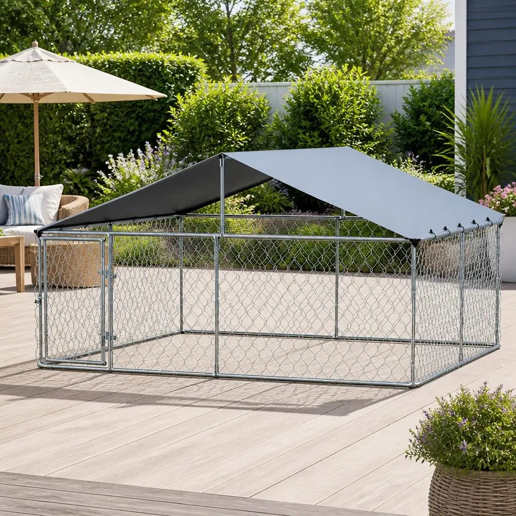 Dog Kennel Large XXL Pet Run Cage Outdoor Enclosure With Roof Silver