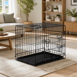 24 Inch Dog Cage Crate Kennel Foldable Pet Carrier 3 Doors Metal Black
