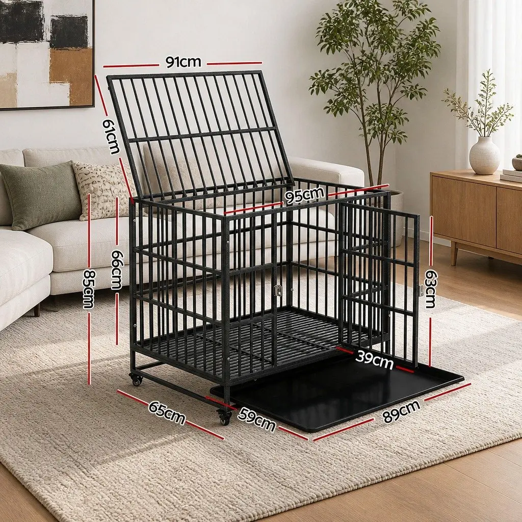 Dog Cage Metal Large Black with Lockable Wheels Removable Tray