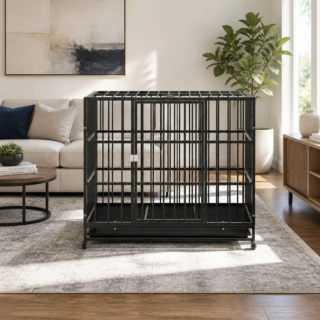 Dog Cage Metal Large Black with Lockable Wheels Removable Tray
