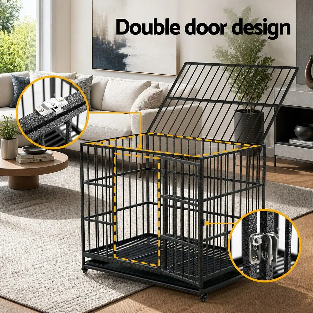 Dog Cage Metal Large Black with Lockable Wheels Removable Tray