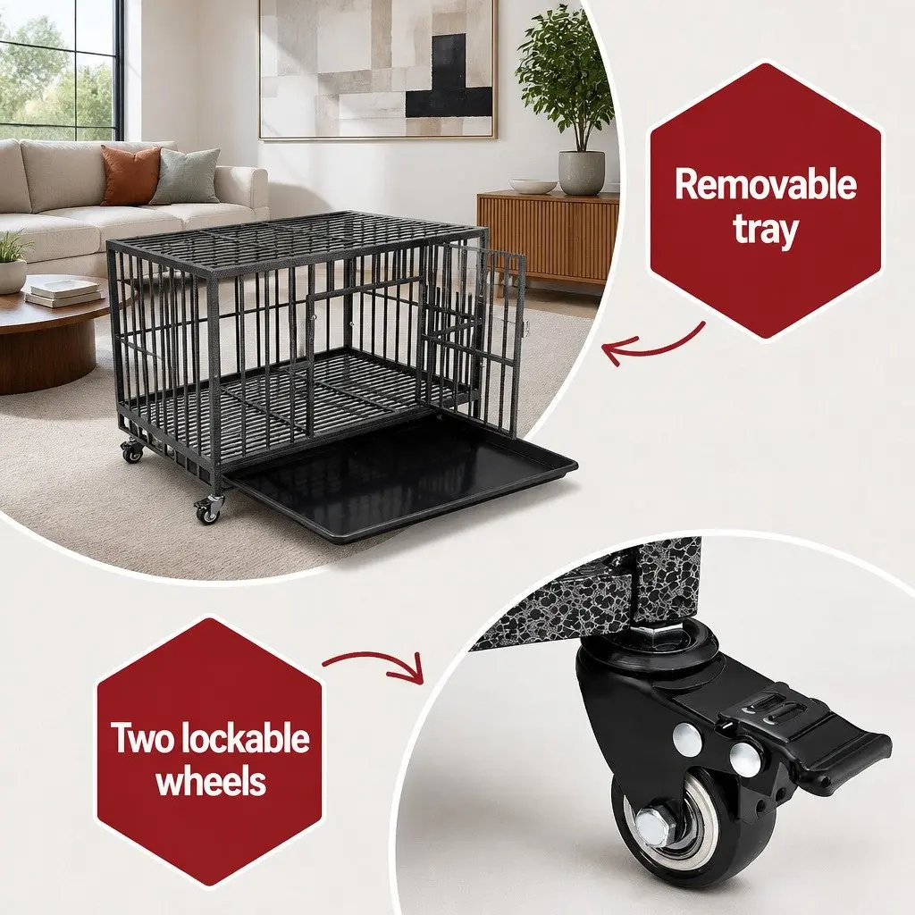 Dog Cage Metal Large Black with Lockable Wheels Removable Tray