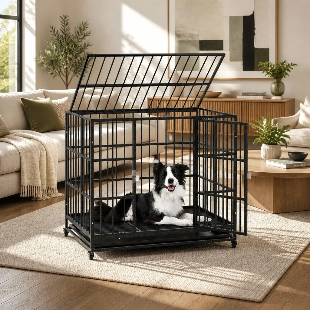 Dog Cage Metal Large Black with Lockable Wheels Removable Tray