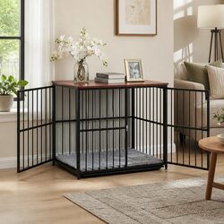 Sturdy Black Wooden Dog Crate with Side Table Functionality