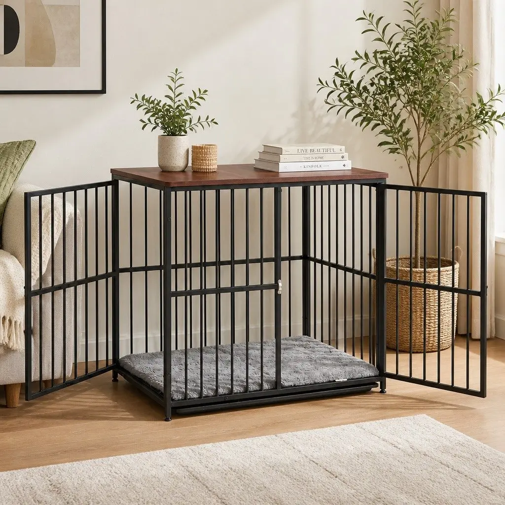 Dog Crate Furniture Wooden 93cm Black