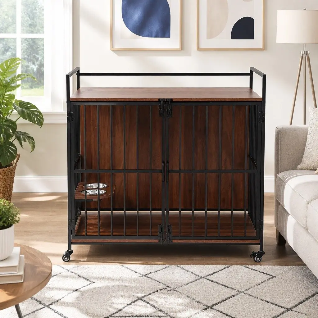 Dog Crate Furniture 99cm 2-in-1 Pet Cage End Table with Wheels Wooden Black