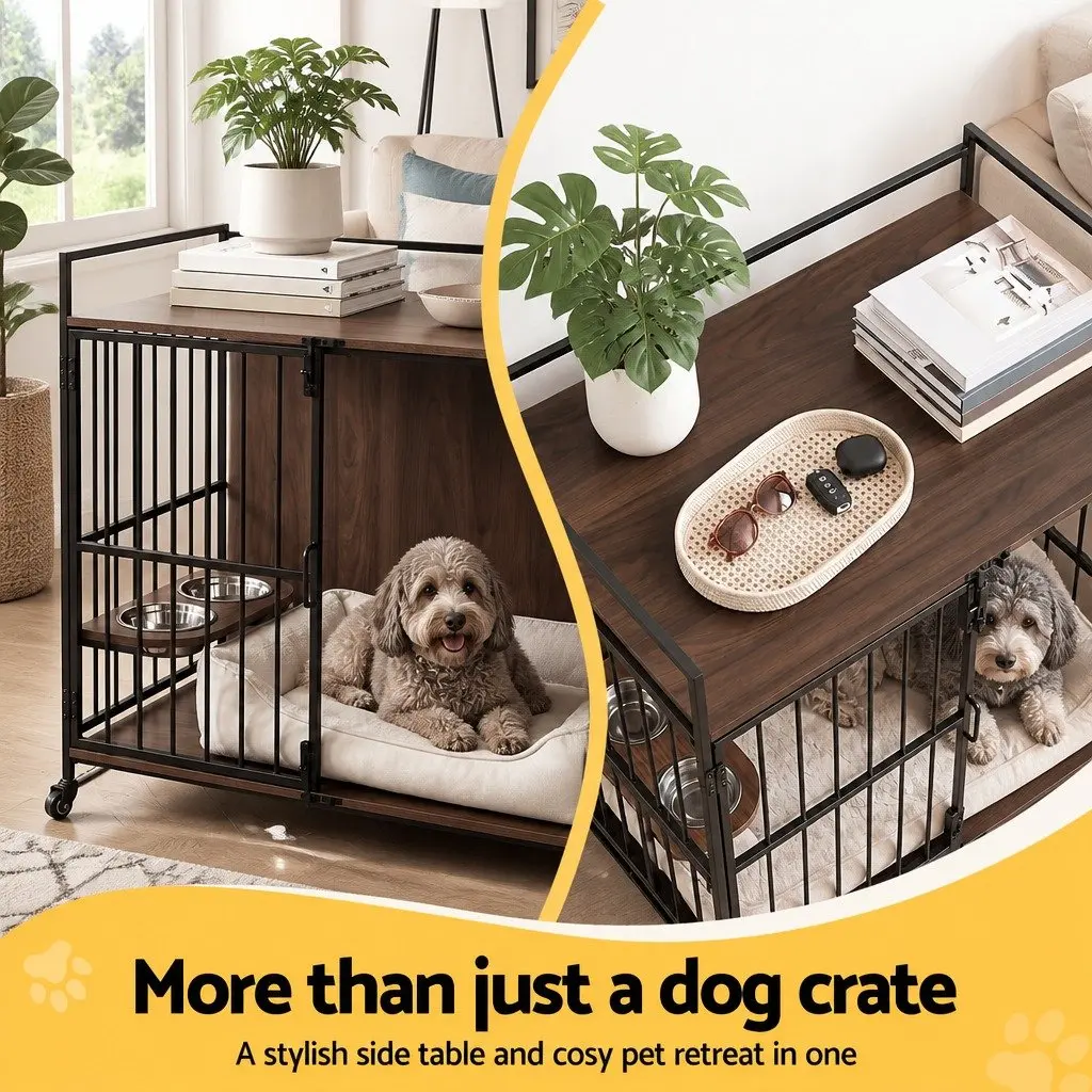 Dog Crate Furniture 99cm 2-in-1 Pet Cage End Table with Wheels Wooden Black