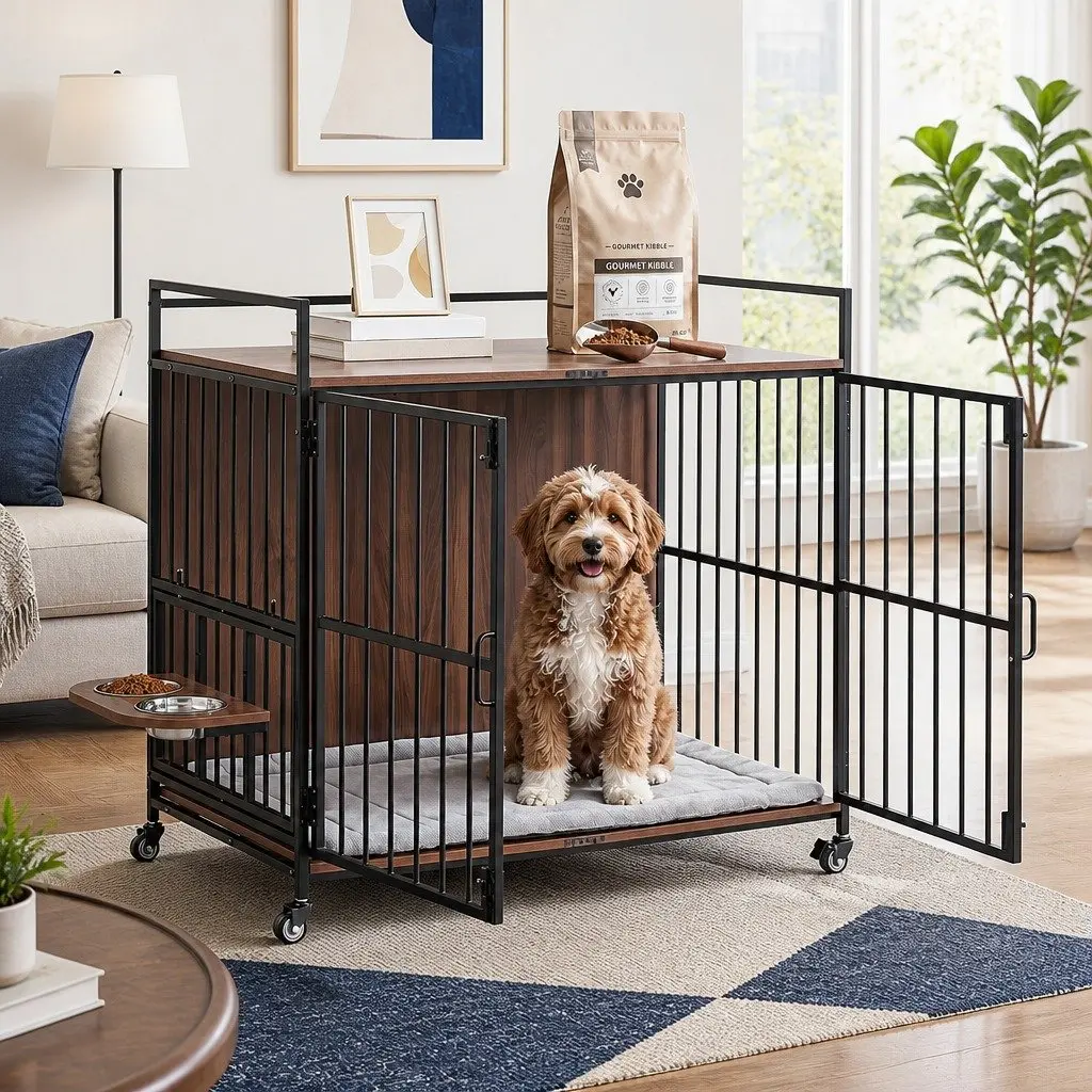 Dog Crate Furniture 99cm 2-in-1 Pet Cage End Table with Wheels Wooden Black