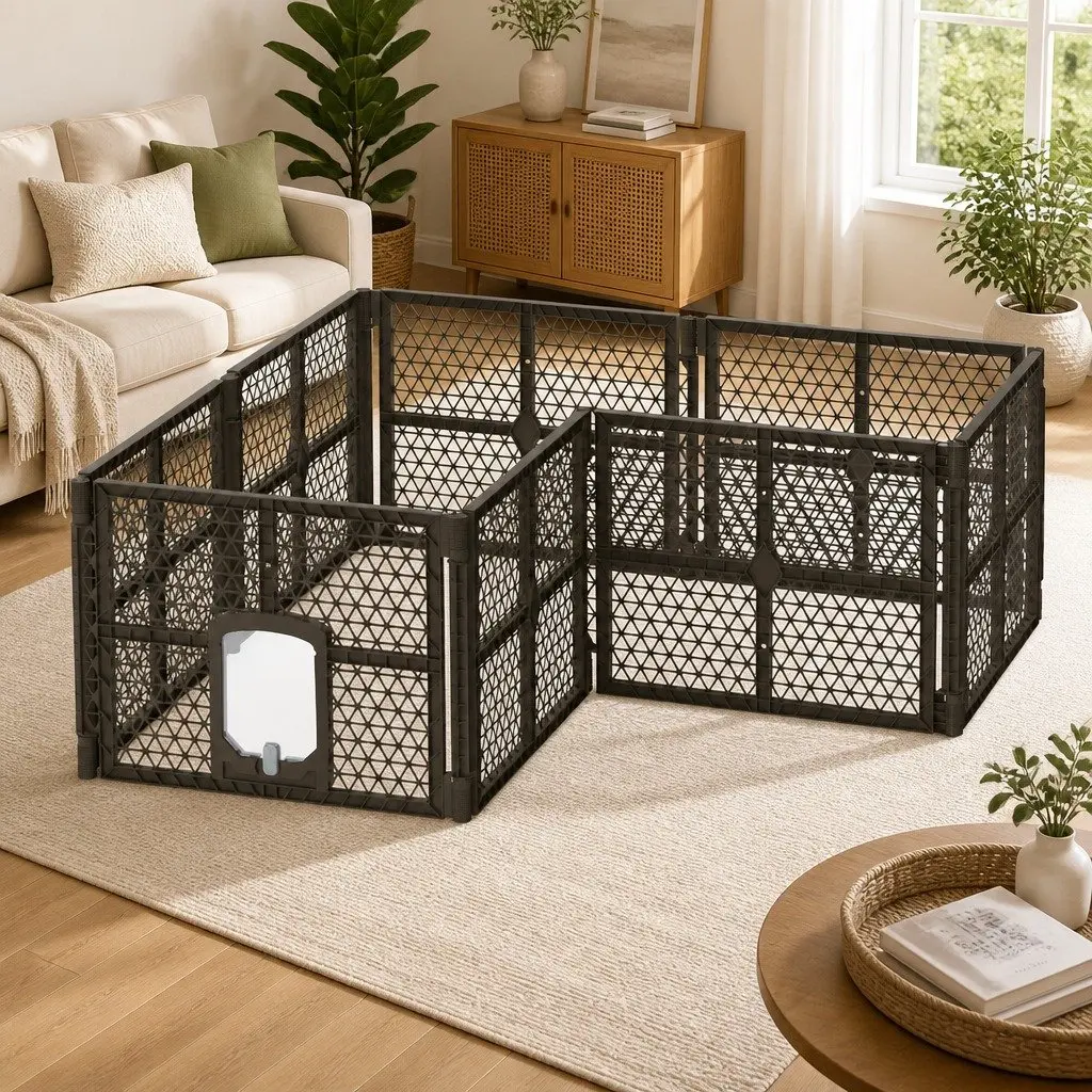 Dog Playpen Enclosure PP Plastic 8 Panel Brown Foldable