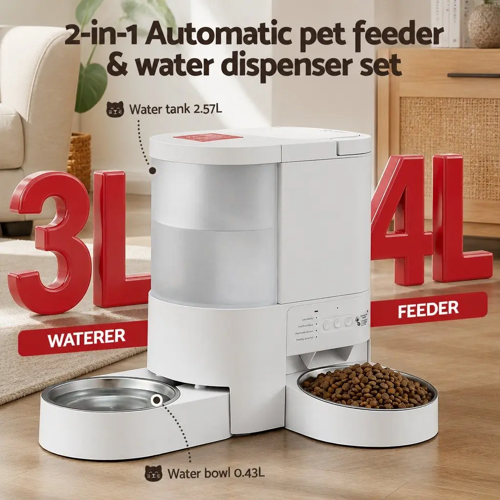 Automatic Pet Feeder Water Dispenser ABS Plastic 4L White Transparent