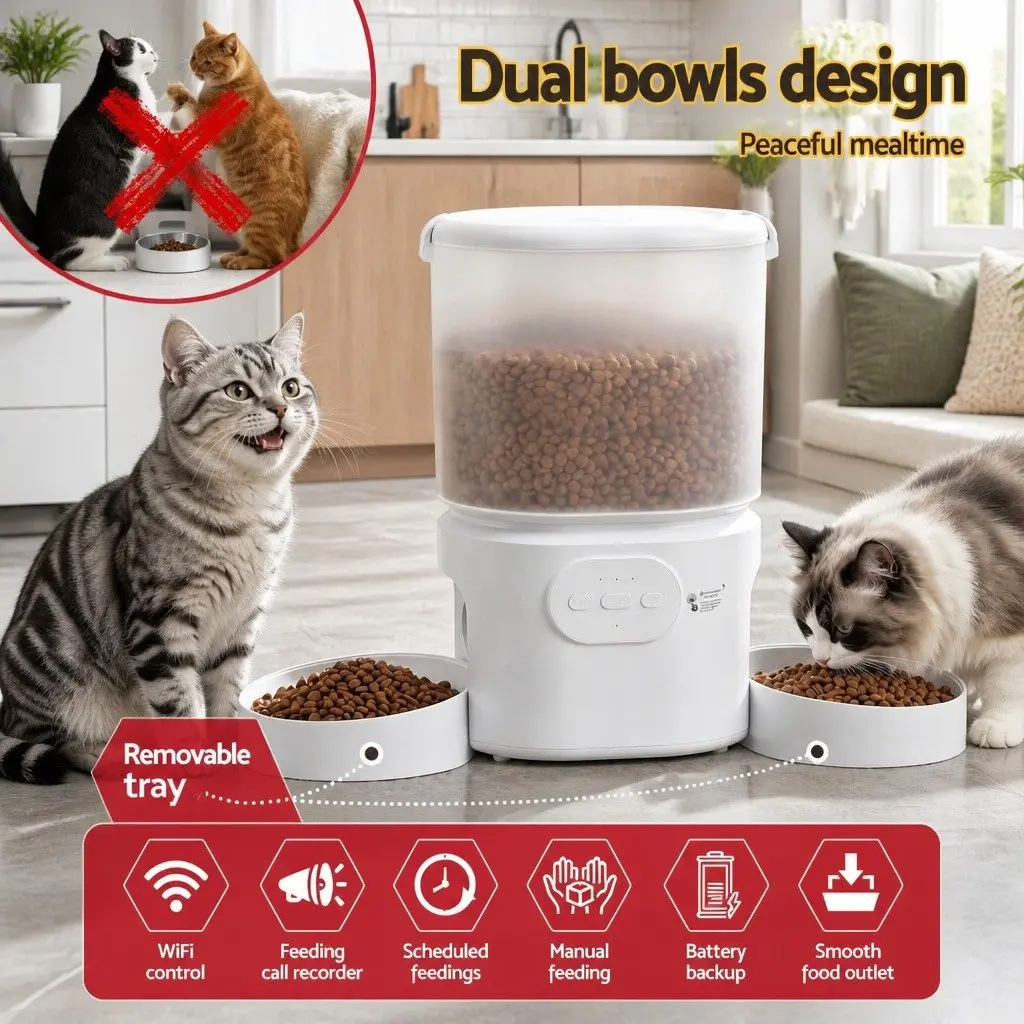 Automatic Dual Bowl Pet Feeder ABS Plastic 5L White