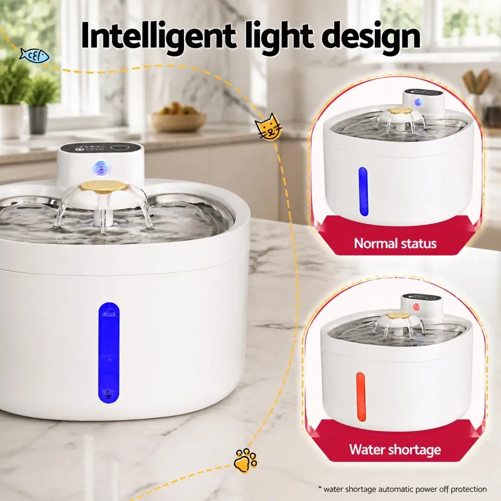 Automatic Pet Water Fountain Feeder Dispenser Plastic Stainless Steel 2.6L White