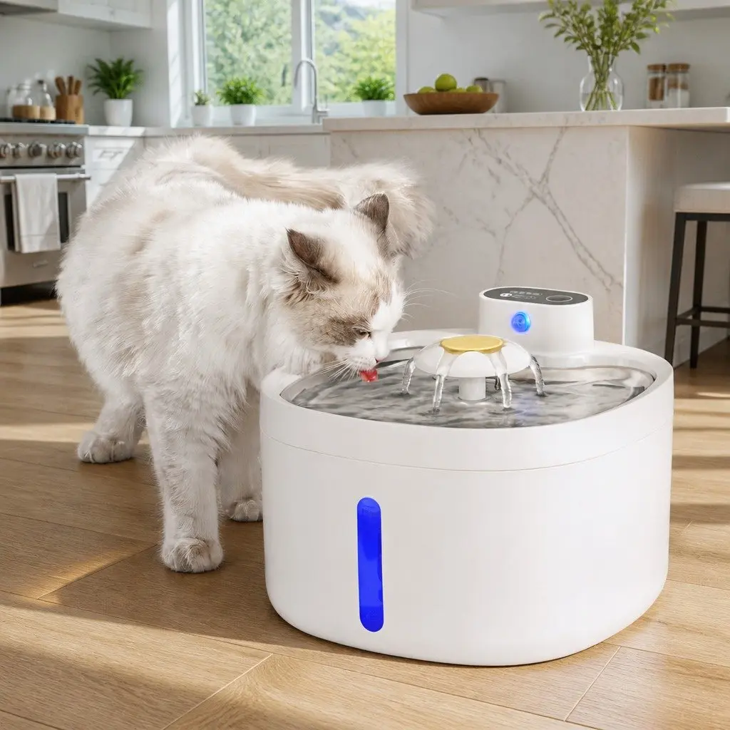 Automatic Pet Water Fountain Feeder Dispenser Plastic Stainless Steel 2.6L White