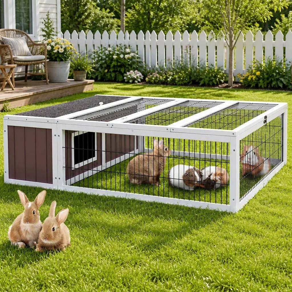 Rabbit Hutch Fir Wood 124cm Brown and White Outdoor Cage House with Integrated Ground Enclosed Play Area