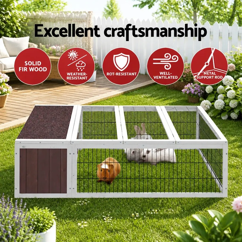 Rabbit Hutch Fir Wood 124cm Brown and White Outdoor Cage House with Integrated Ground Enclosed Play Area