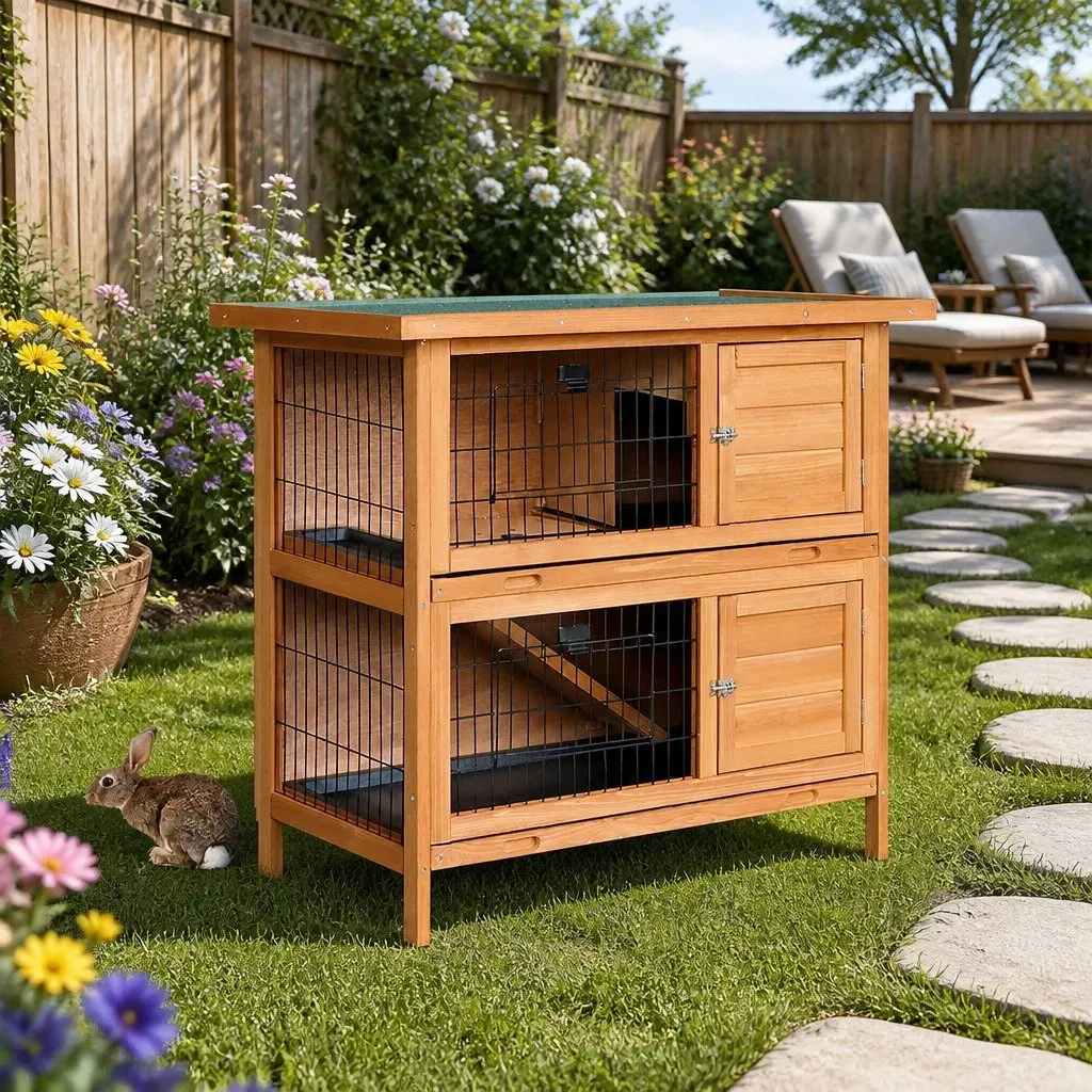 Large Wooden Rabbit Hutch with Double Tier and Ramps