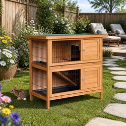 Large Wooden Rabbit Hutch with Double Tier and Ramps
