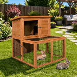 Durable Two-Storey Wooden Rabbit Hutch with Run