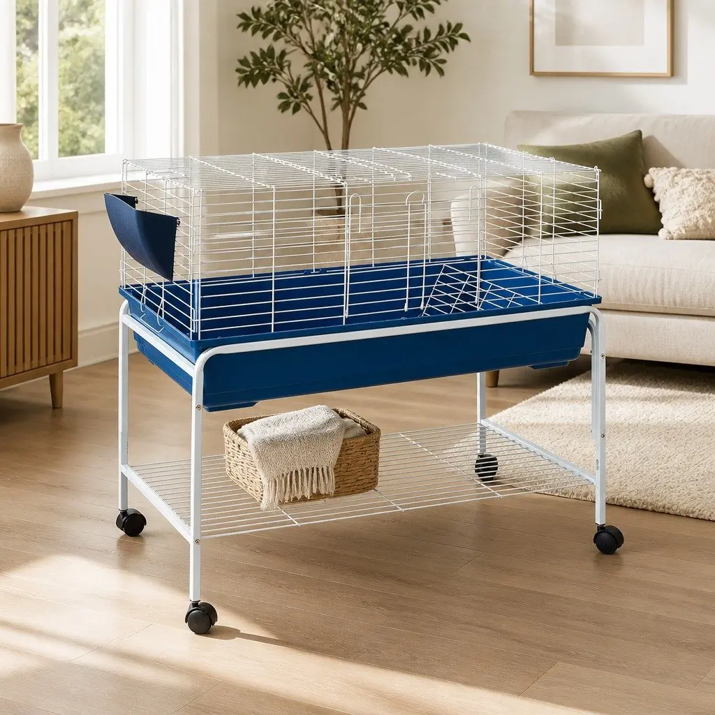 Rabbit Cage Hutch Powder Coated Steel Plastic 106cm Indoor Enclosure with Stand Castor Wheels