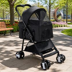 Durable Pet Stroller for Cats and Dogs, Foldable Black