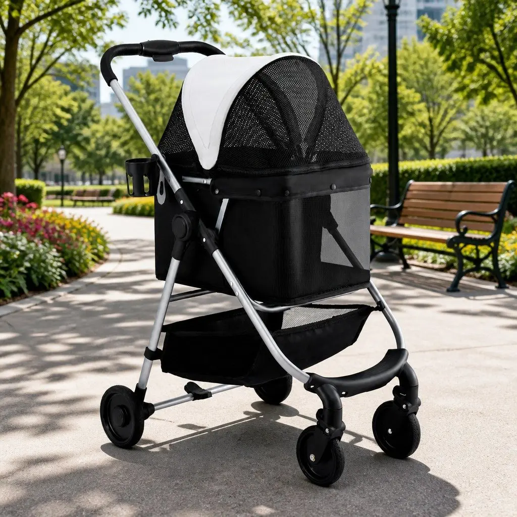 Pet Stroller Oxford Cloth Steel Frame Large Foldable Black White 4 Wheels