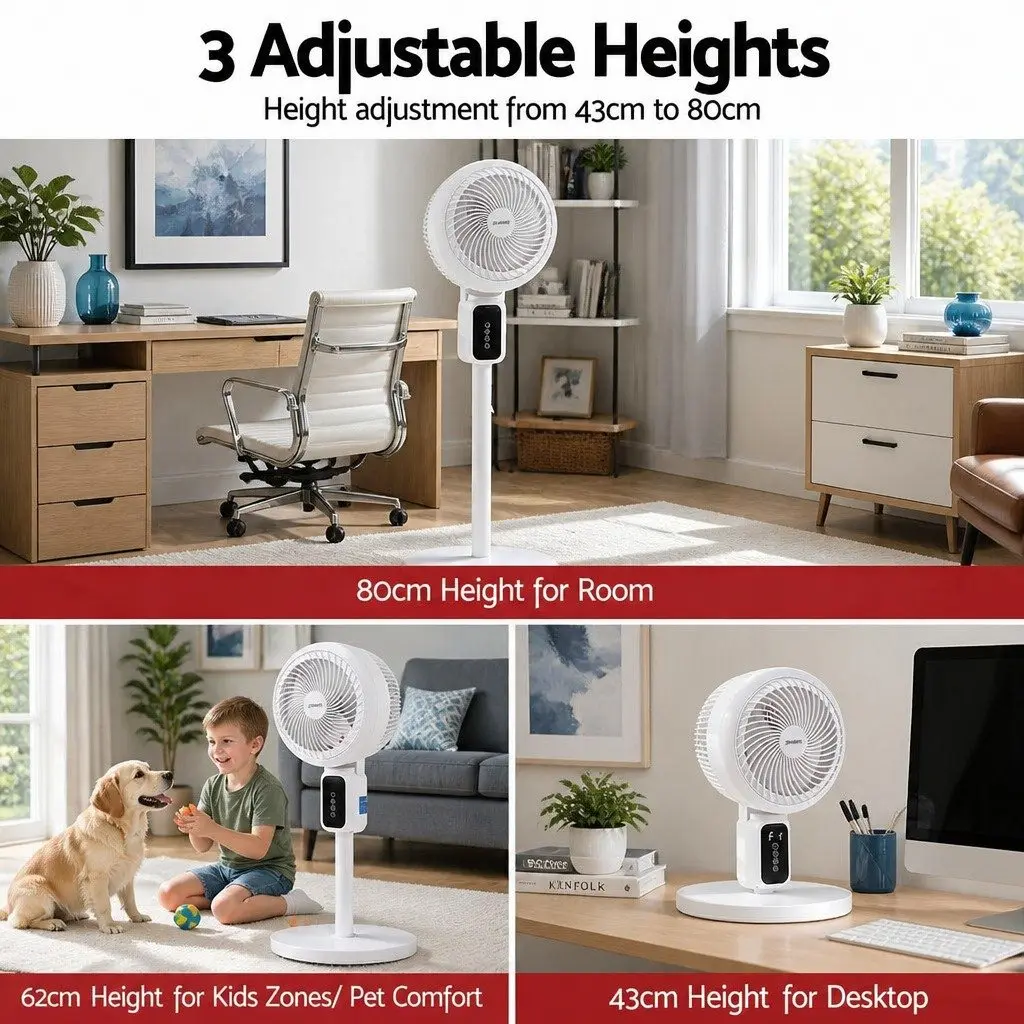 Pedestal Fan Adjustable Height Remote Control 3 Speed White