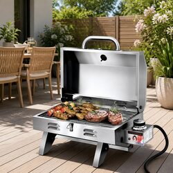 Sturdy Portable Gas BBQ Grill in Silver Stainless Steel