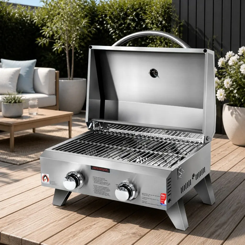 Stainless Steel 2-Burner Portable Gas BBQ Grill for Outdoors