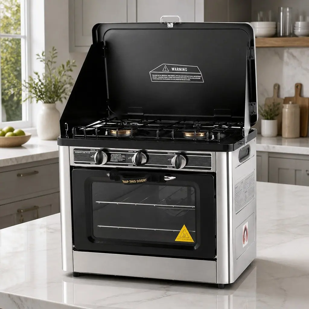 Portable Gas Oven Stove Stainless Steel Twin Burners 53.5cm Silver Black