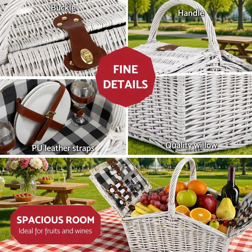 Picnic Basket Set Willow Insulated 2 Person Blanket White