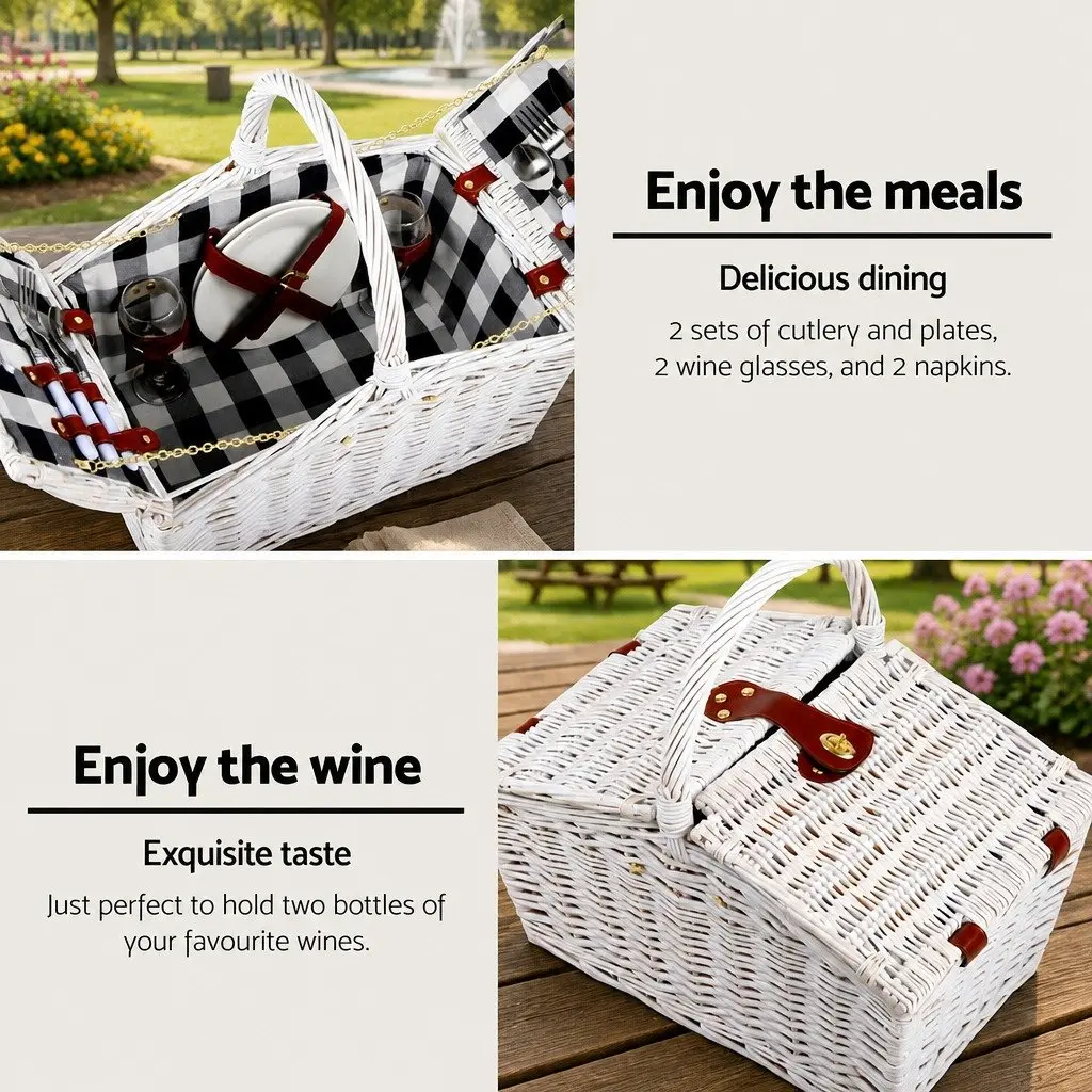 Picnic Basket Set Willow Insulated 2 Person Blanket White