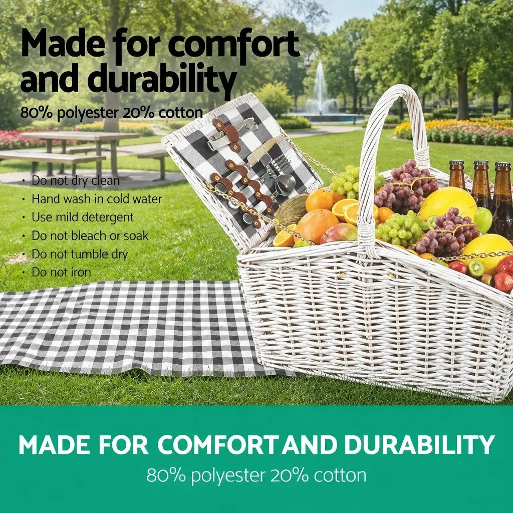 Picnic Basket Set Willow Insulated 2 Person Blanket White