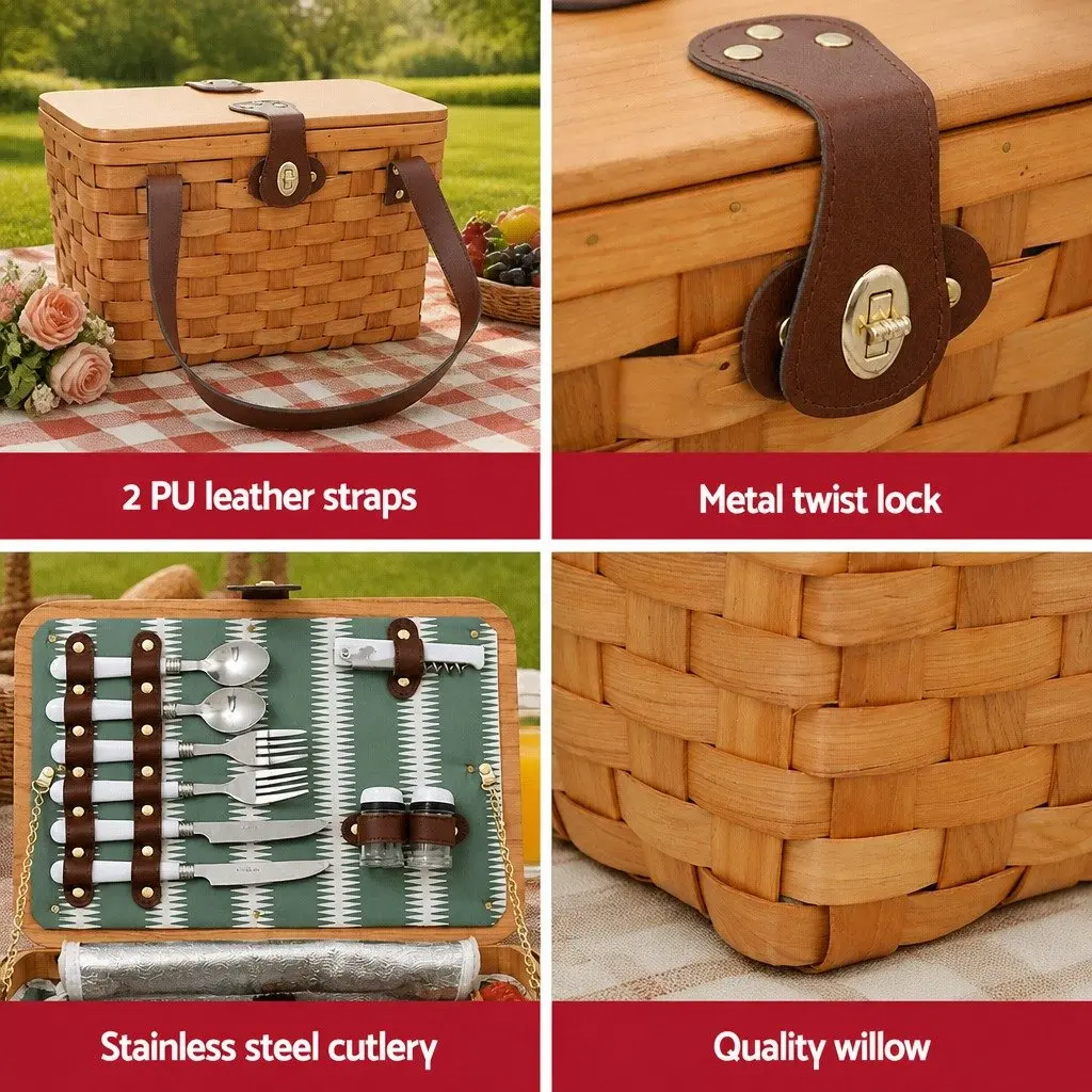 Picnic Basket Willow Cooler Bag Set 2 Person Multicolour 37 x 25 x 22 cm