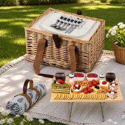 Quality Willow Picnic Basket Set for Two with Wood Table