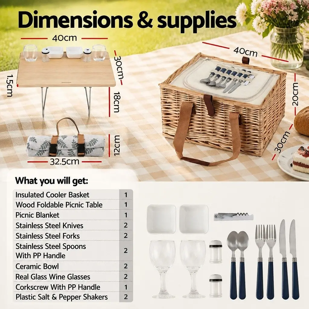 Willow Picnic Basket Set for Two with Wood Table
