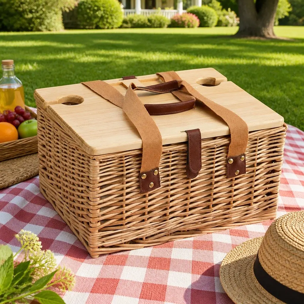 Willow Picnic Basket Set for Two with Wood Table