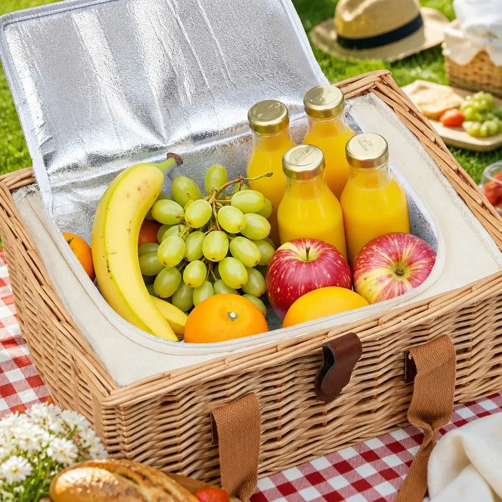 Willow Picnic Basket Set for Two with Wood Table
