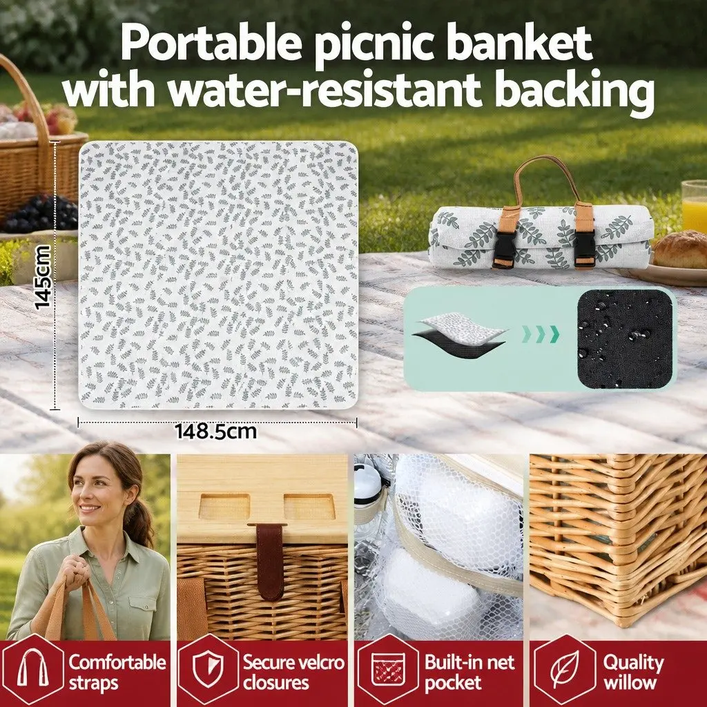 Willow Picnic Basket Set for Two with Wood Table