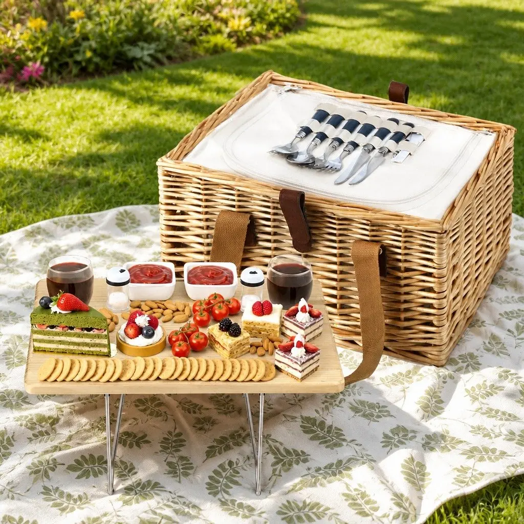 Willow Picnic Basket Set for Two with Wood Table
