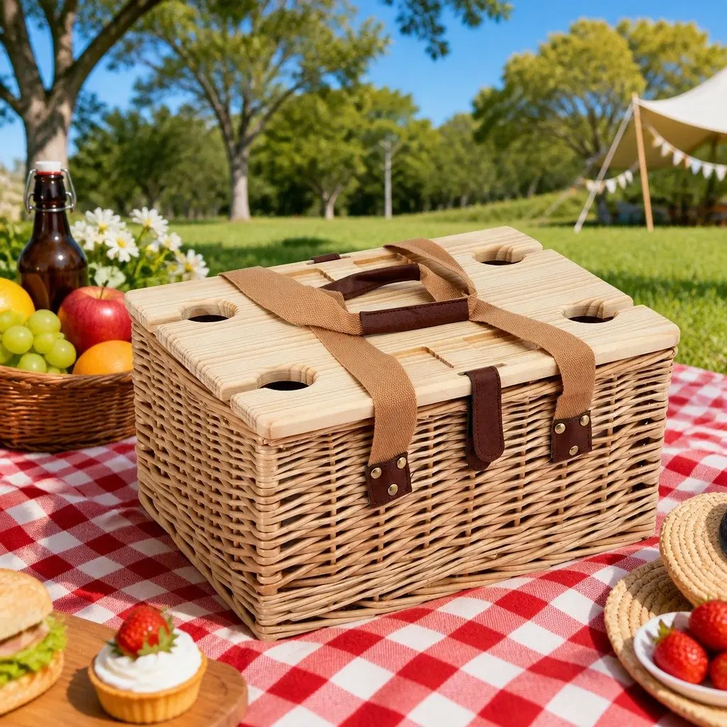 Willow Picnic Basket Set for 4 with Wine Table & Cooler