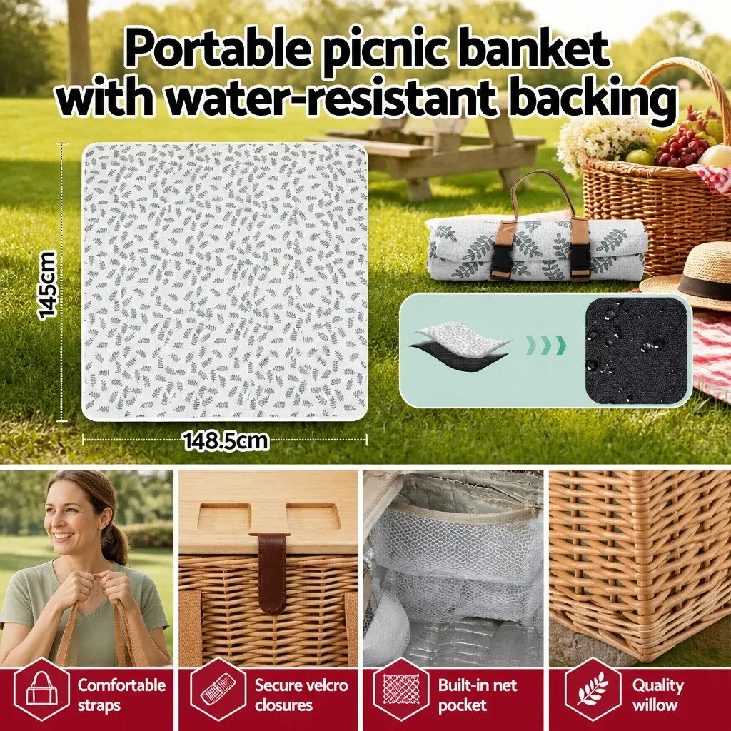 Willow Picnic Basket Set for 4 with Wine Table & Cooler