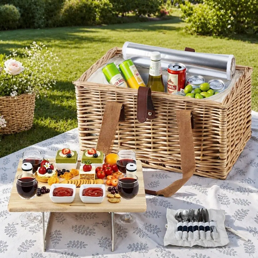 Willow Picnic Basket Set for 4 with Wine Table & Cooler