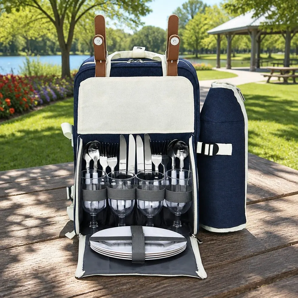 4-Person Picnic Backpack with Insulated Cooler