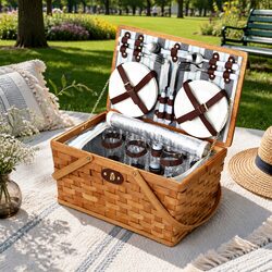4-Person Wooden Picnic Basket with Cooler Bag and Blanket