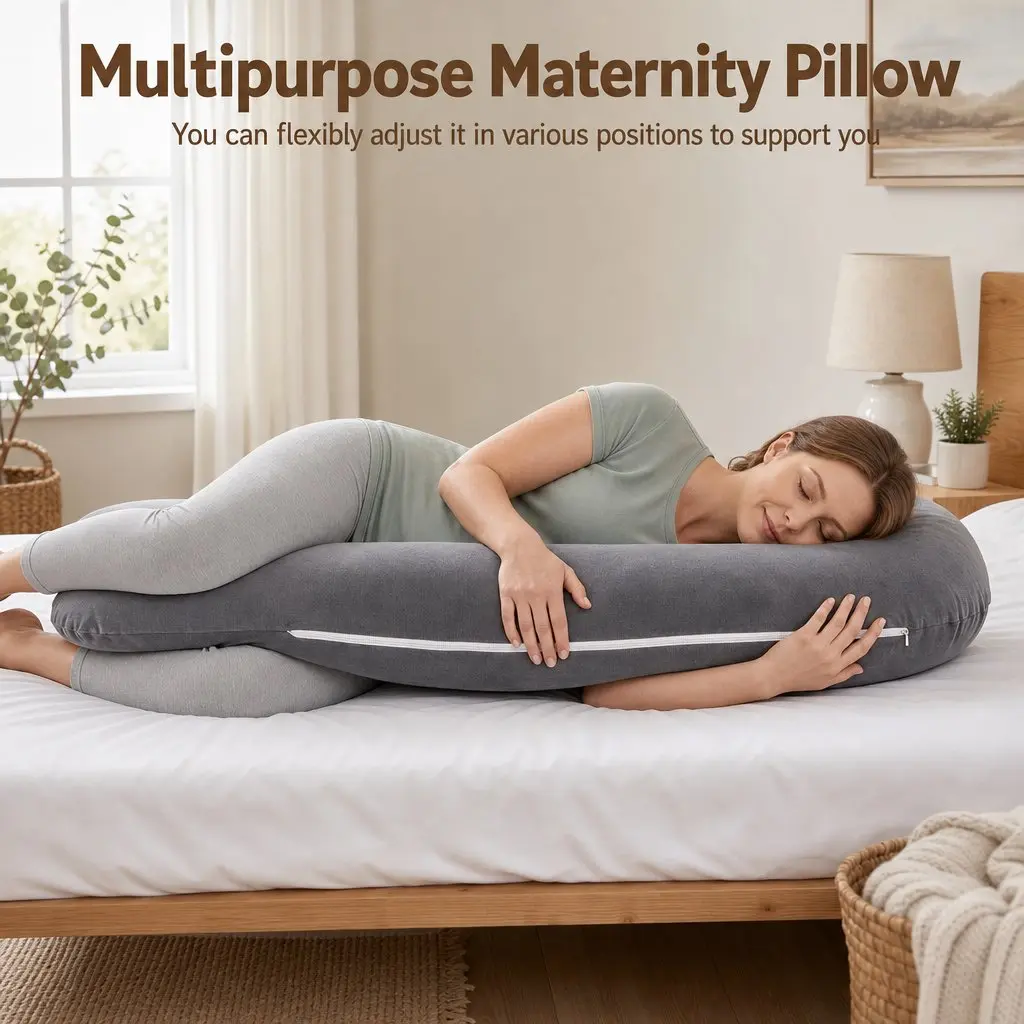 L-Shaped Pregnancy Pillow Cotton Jersey Knit 63 x 115 cm Grey