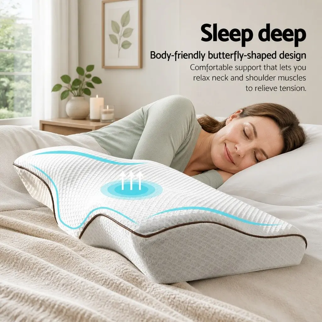 Memory Foam Pillow Ergonomic Butterfly Support Grey 60x35cm